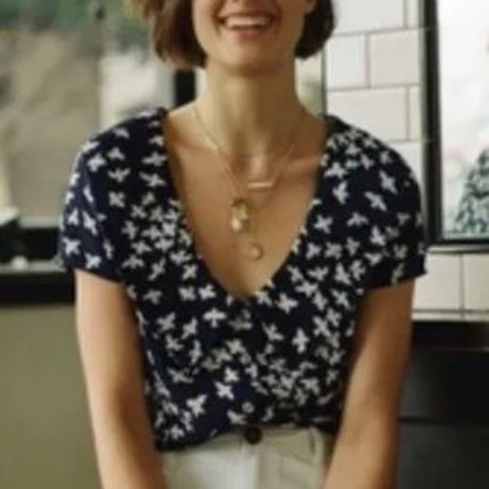 Anthropologie Maeve Peter Pan Collared Austen Bird Print Button Down Blouse Top